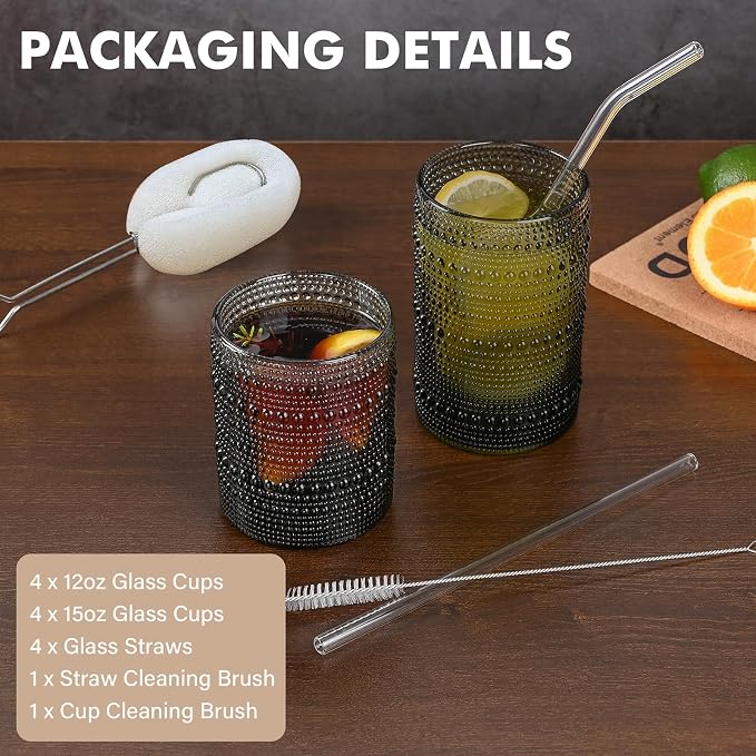 ZMOWIPDL 12oz & 15oz Hobnail Drinking Glasses,Grey Glass Cups Set of 8 | Vintage Highball Glassware，Kitchen Drinkware，Embossed Water Tumbler,for Beer,Cocktail,Whiskey,Juice,Various Mixed Drinks - Image 4