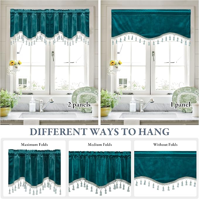 Teal Tassel Velvet Valances Curtains 52x18 Inch 2 Panels | Super Soft Thick Fabric, Privacy Light Dimming Window Drapes for Living Room, Bedroom, Kitchen, Bathroom, Rod Pocket - Image 5