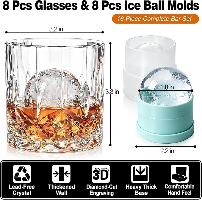 QUMMFA Whiskey Glasses, Set of 16 (8 Rocks Glasses 8 Whiskey Ice Ball Molds), 11 OZ Old Fashioned Glass for Bourbon Vodka Scotch, Crystal Cocktail Glasses in Gift Box, Gifts for Men - Image 5