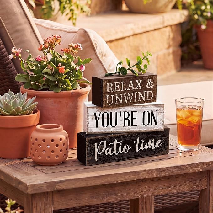 Moucuny 4 Pcs Farmhouse Table Decor Rustic Patio Stacked Wooden Decor - "Relax & Unwind You're on Patio Time" Sign with Greenery Topper for Home Porch Yard Shelf Fireplace Tiered Tray Decoration - Image 7