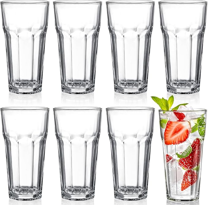 Yopay Set of 8 Highball Drinking Glasses, 12oz Lead-Free Tempered Water Glasses Thick Heavy Base, Clear Iced Hot Tea Glassware for Cocktail, Juice, Milkshake, Soda Beer Tumbler Cup by Yopay