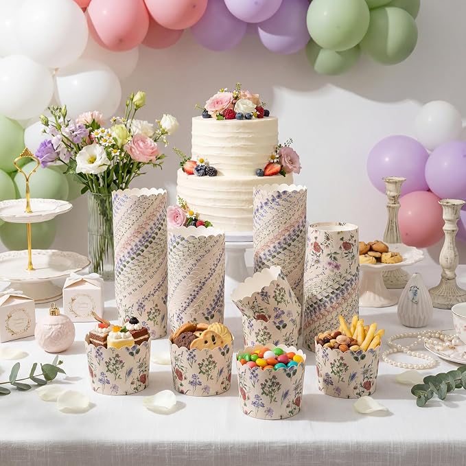 Qinyoung 150 Pcs Purple Lavender Wildflower Paper Baking Cups Vintage Purple Floral Cupcake Wrappers Liner Disposable Flower Muffin Case for Spring Summer Wedding Baby Shower Birthday Tea Party Decor - Image 6
