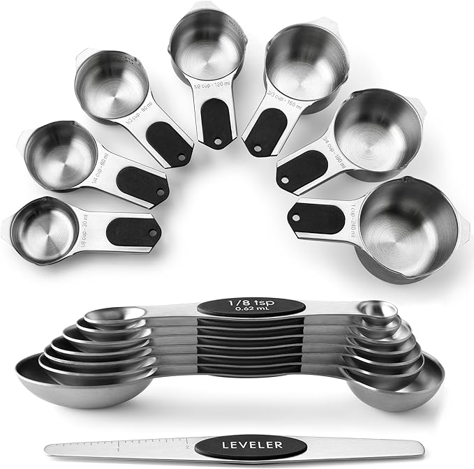 Spring Chef Magnetic Measuring Cups & Spoons Set of 15, Patented, Black | Stackable Stainless Steel Measuring Cups & Heavy Duty Metal Measuring Spoons with Levelers for Dry & Liquid Ingredients by SpringChef