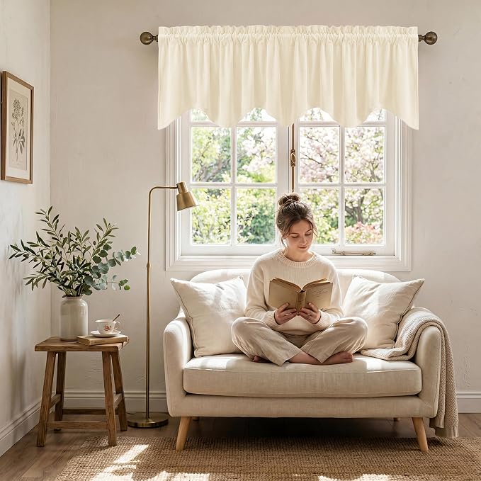 Velvet Window Valance 52x18 Inch 4-Panel Set | Soft Wavy Ivory White Kitchen Curtains for Windows, Luxury Fabric Aesthetic Window Treatment for Bay Window, Living Room - Image 3