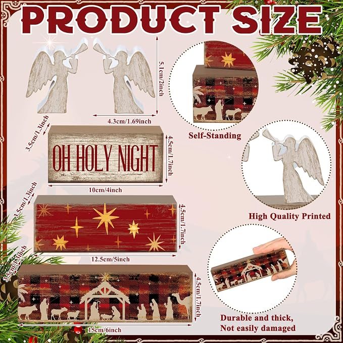 Moucuny 4 Pcs Wooden Christmas Nativity Tiered Tray Decor Rustic Wood Angel Block Sign Gift Kitchen Centerpiece Nativity Scene Table Decor (Jesus) - Image 2