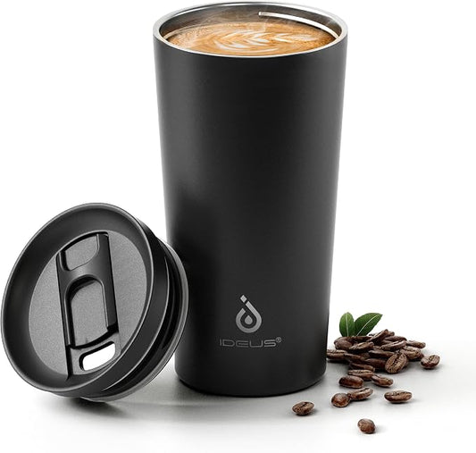 Ideus 17 oz Travel Coffee Mug, Double Wall Vacuum Stainless Steel Insulated Coffee Tumbler With Lid, Splash-Proof & Cup Holder Friendly, Keeps Drinks Hot/Cold, Dishwasher Safe, Black by IDEUS