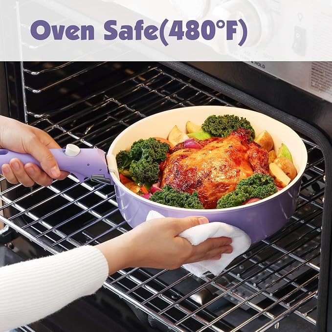 SENSARTE 17 Piece Ceramic Detachable Handle Pots and Pans Set Purple | Ceramic Cookware Set, Induction Cookware Set with Removable Handle, Healthy Non Stick for RV, Dishwasher ＆ Oven Safe - Image 7