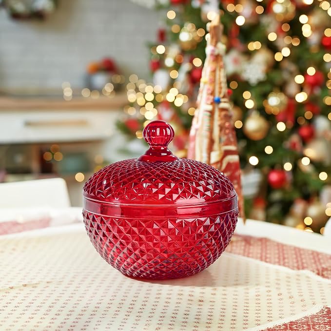 Joeyan 12 oz Small Red Glass Jewelry Box Jars with Lid,Embossed Glass Candy Dishes,Diamond Faceted Food Container,Decorative Apothecary Canisters,Colored Kitchen Bathroom Buffet Storage Organizer - Image 5