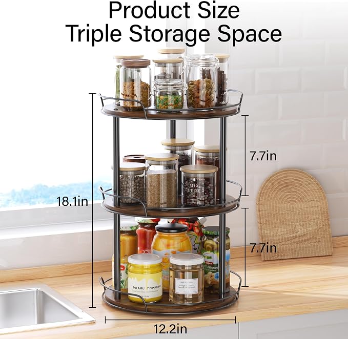 12'' Rotating Spice Rack, 3-Tier Lazy Susan Turntable Organizer | Wooden, for Cabinet, Table Top, Kitchen Countertop, Pantry, Bathroom, Vanity, Home Decor - Image 2
