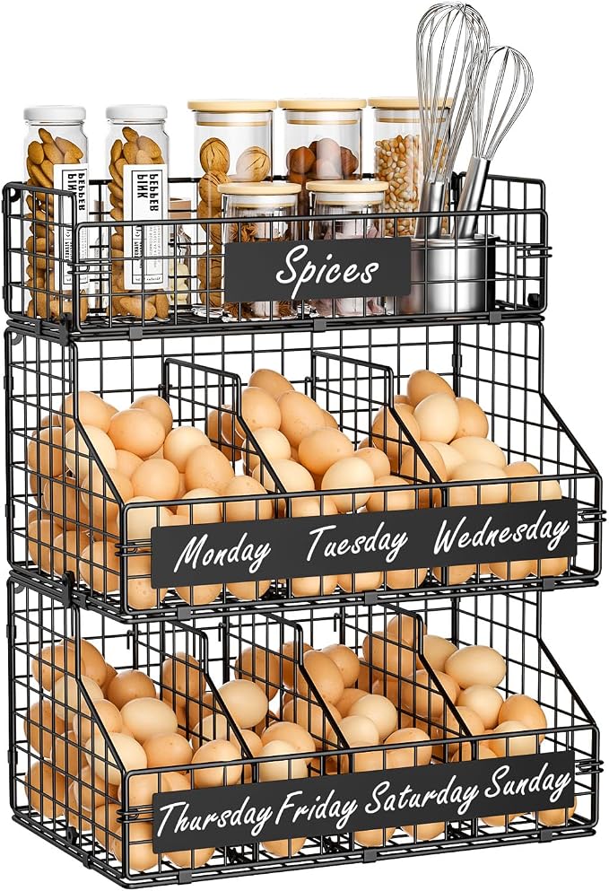 Egg Holder Countertop with 5 Dividers & DIY Nameplate to Separate Eggs | 3 Tier Stackable Wire Storage Baskets for Gathering Fresh Eggs, XXL Large Egg Rack, Wall-Mounted (Patent Pending) - Image 9