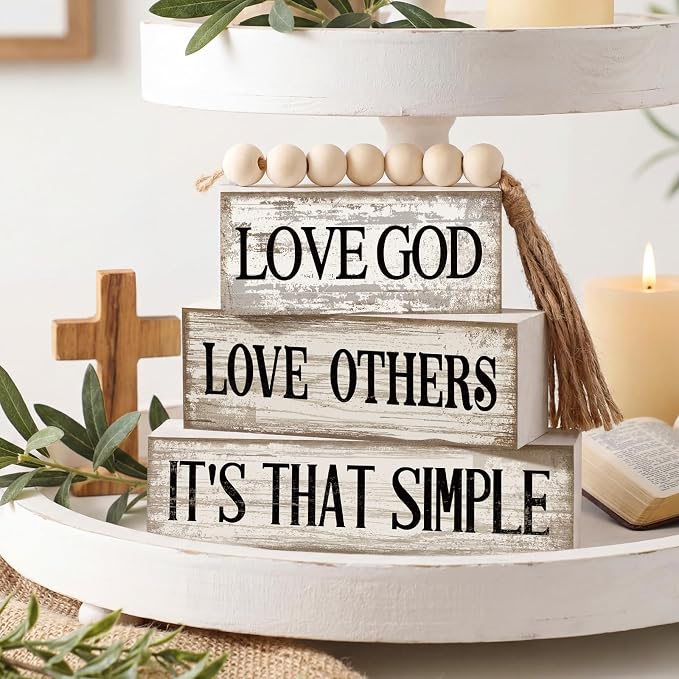 Moucuny 4 Pcs Christian Table Decor Rustic Wooden Block Sign Set with Love God Love Others It's That Simple Farmhouse Stacked Decor with Beaded Garland Tassel Christian Home Decorations for Home Shelf - Image 2