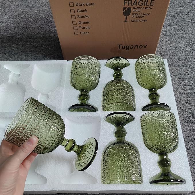 Taganov Glasses Drinking Wine Water Goblets Green Glassware set of 6 Vintage Stem Glasses Stemware 12 Ounces for Wedding Party Bar Twill Pattern Striped 350 ml - Image 3