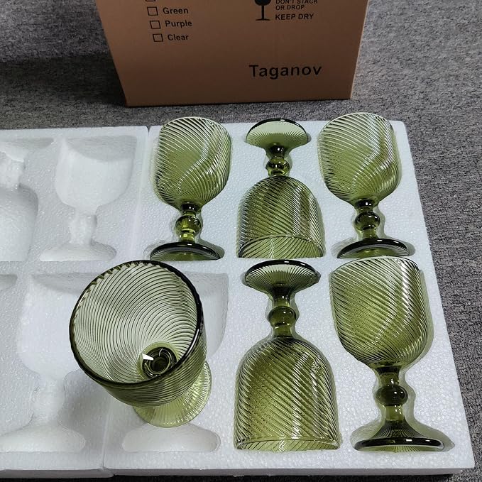 Taganov Green Glasses Drinking Wine Water Goblets Glassware set of 6 Vintage Stem Glasses Stemware 12 Ounces for Wedding Party Bar Twill Pattern Striped 350 ml - Image 8
