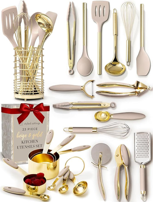 Styled Settings Beige and Gold Utensils Set, 23-Piece | Silicone Nonstick Cooking Tools with Garlic Press, Can Opener, Measuring Cups, Utensil Holder - Luxury Kitchen Accessories by STYLEDSETTINGS