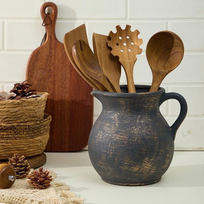 MIYUKI Rustic Kitchen Utensil Holder - 7.6 Inch Ceramic Utensil Crock for Countertop, Vintage Kitchen Counter Decor - Image 2