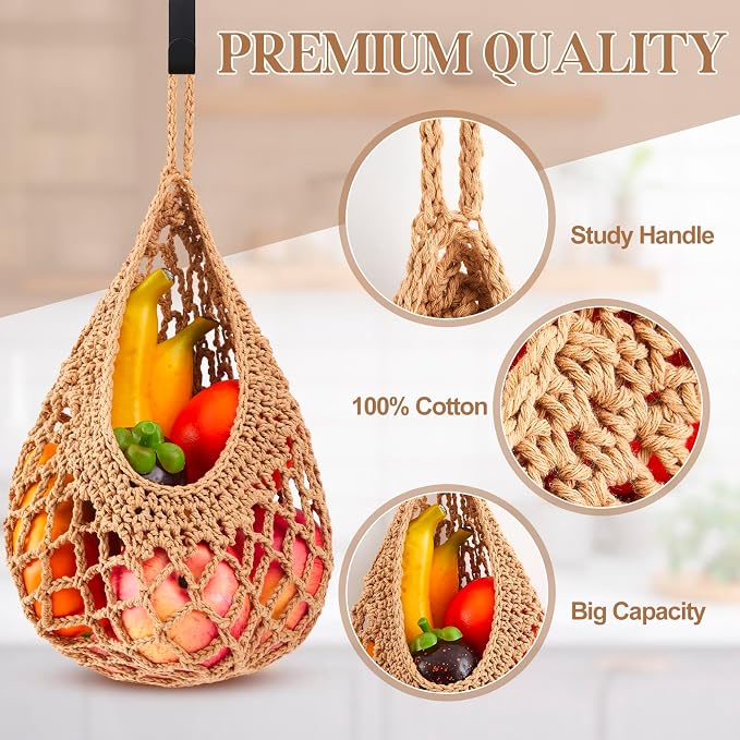 Honeydak Boho Decor Hanging Wall Baskets for Kitchen 3 Pack Teardrop Baskets with Hooks Storage Fruit Onion Vegetable Potato for Home 3 Sizes(Light Linen,Crochet,Cotton Rope) - Image 3