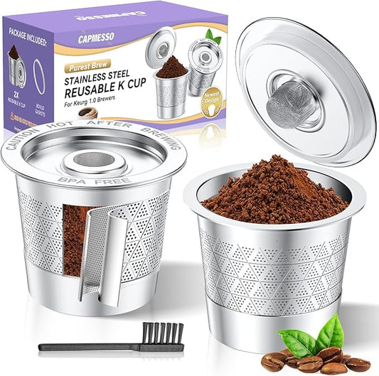 CAPMESSO Reusable K-Cups for Keurig: Upgraded Dual-Mesh Reusable Coffee Pods for Richer Coffee NO Grit - Universal Stainless Steel Coffee Filter for Keurig 1.0 Coffee Maker, Eco-Friendly (2 Pack)