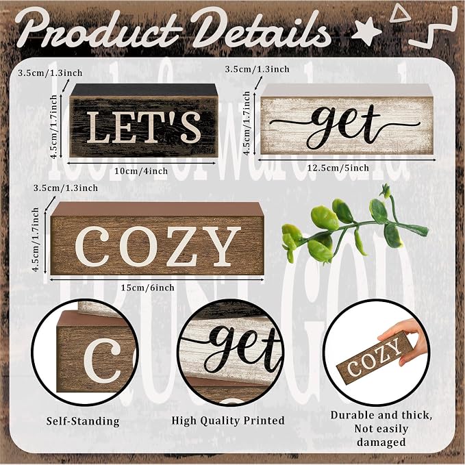 Moucuny 4 Pcs Farmhouse Table Decor Inspirational Wooden Signs Rustic Eucalyptus Leaves Wooden Block Sign Gift Let's Get Cozy Farmhouse Table Centerpiece for Living Room Housewarming Gift - Image 2