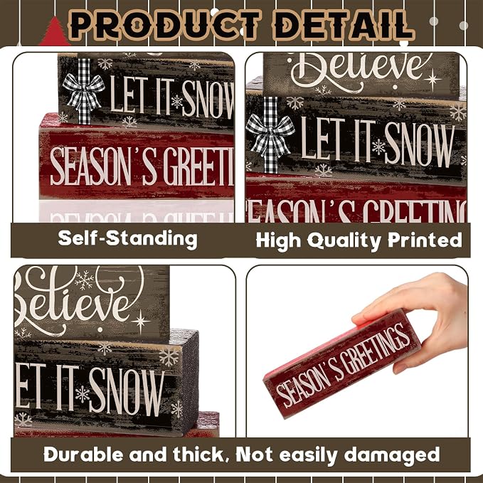 Moucuny 4 Pcs Christmas Table Decor Christmas Tree Centerpiece Rustic Decorative Tree Block Signs Gift Winter Tiered Tray Decor Farmhouse Winter Tabletop Decoration for Home Xmas Party Kitchen Shelf - Image 4