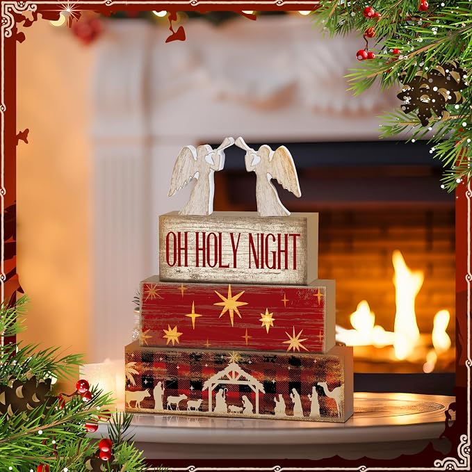 Moucuny 4 Pcs Wooden Christmas Nativity Tiered Tray Decor Rustic Wood Angel Block Sign Gift Kitchen Centerpiece Nativity Scene Table Decor (Jesus) - Image 4