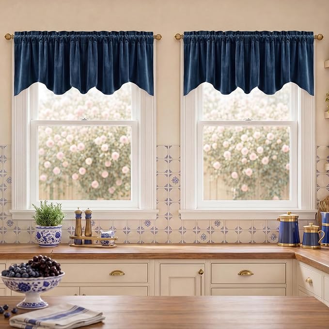 Velvet Window Valance 52x18 Inch 4-Panel Set | Soft Wavy Navy Blue Kitchen Curtains for Windows, Luxury Fabric Aesthetic Window Treatment for Bay Window, Living Room by StangH