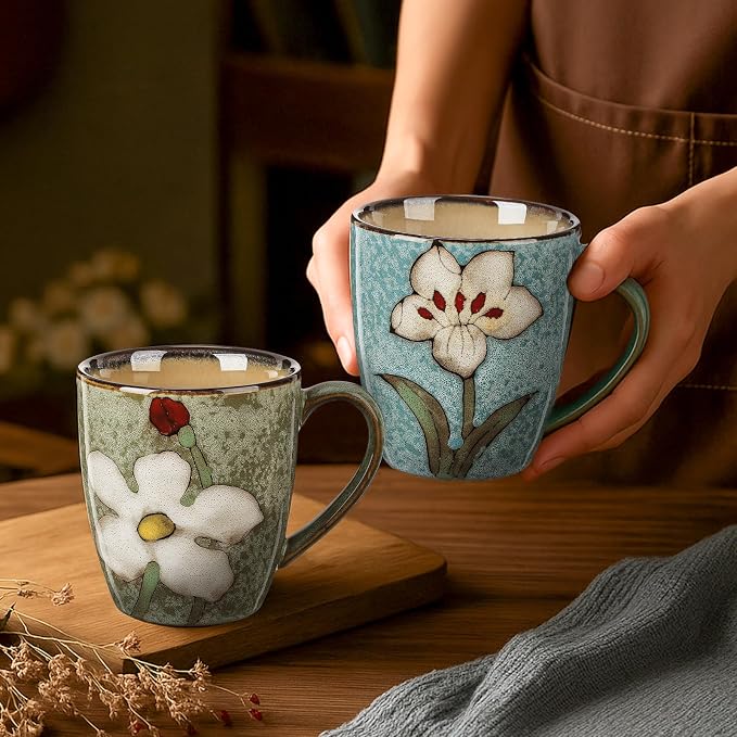 Maxdot 2 Pcs 12oz Ceramic Coffee Mugs Sets Glazing Process Cappuccino Mug Floral Ceramic Tea Cups Idea Gift Set for Women Porcelain Cup for Coffee, Cocoa, Tea, Latte (Retro) (Fresh) - Image 4
