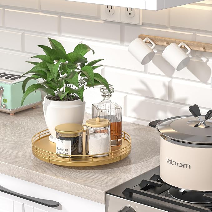 Oroyutor 10-Inch Oak Lazy Susan Vanity Tray with Gold Metal Rail | Rotating oak tray organizes spices, toiletries and decor on kitchen counters, bathroom vanities, dining and coffee tables. - Image 3