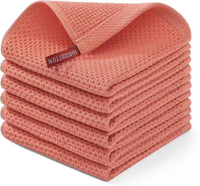 Homaxy 100% Cotton Waffle Weave Kitchen Dish Cloths 6-Pack, Coral | 12 x 12 Inches, Ultra Soft Absorbent Dish Towels, Quick Drying Dish Rags with Hanging Loop by Homaxy