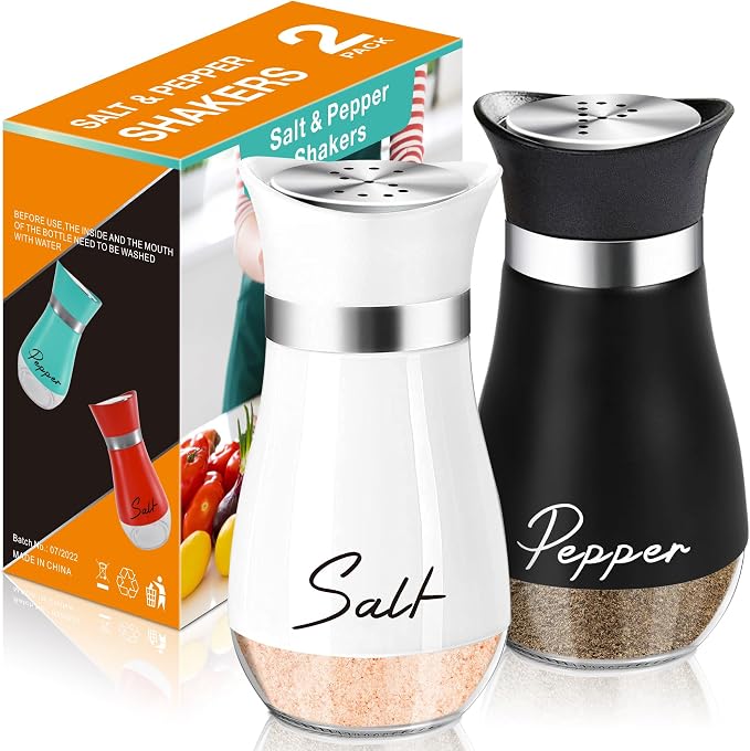 Salt and Pepper Shakers - 4 oz White and Black Glass Set with Steel Lids | Refillable Glass Shakers with Stainless Steel Lids for Cooking, Dining, RV Trips, Camping And BBQs; 4 oz Capacity Each. by ARROZON