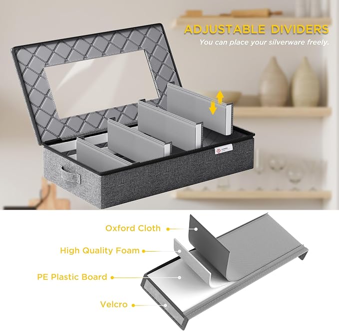 Silverware Storage Box,Hard Shell Flatware Organizer with Lid and Zipper,Utensil Storage with Clear Window and adjustable Divider for Spoons,Forks.Knives,Grey - Image 4