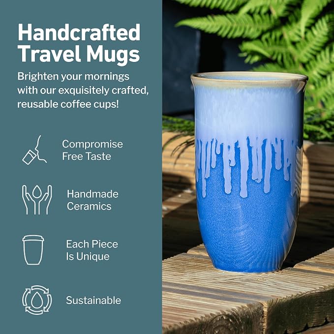 NOVA CERAMICS Ceramic Tumbler– Blue Ceramic Mug – Microwave & Dishwasher Safe Coffee White & Orange Tumbler - Leak-Proof Coffee Travel Mug – 16oz – Neptune - Image 2
