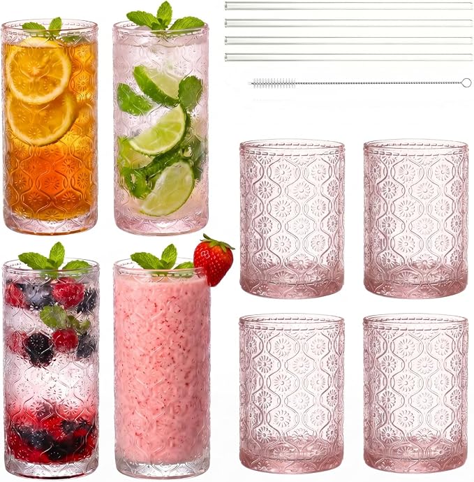 Pink Drinking Glasses Set of 8, 12 Oz Highball & 10 Oz Cocktail Glasses with Straws, Thick Glass Iced Coffee Cups, Floral Embossed Kitchen Vintage Glassware Set for Water, Beer, Juice, Whiskey by FERAHI