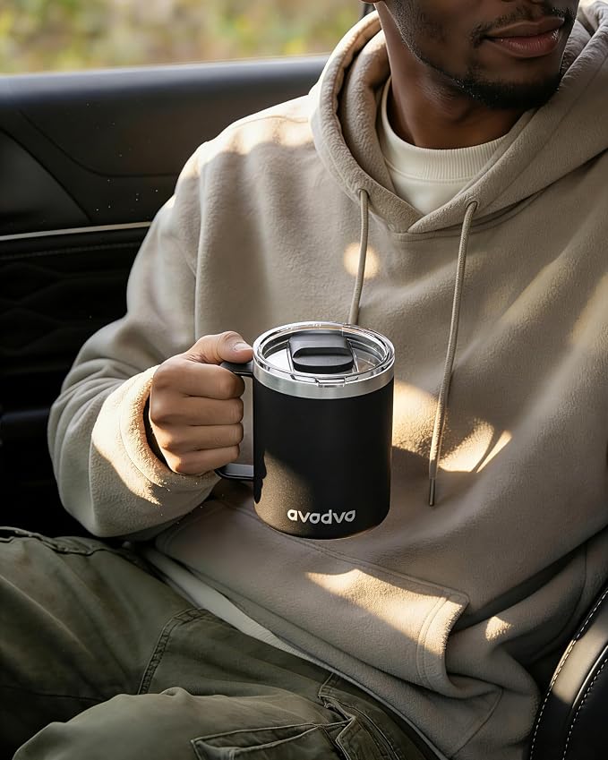 12oz Insulated Coffee Mug with Lid – Includes Two Lids, Stainless Steel Coffee Travel Mug with Handle, Double Wall Vacuum Insulated Camping Mug for Home, Office & Outdoor, Black - Image 9