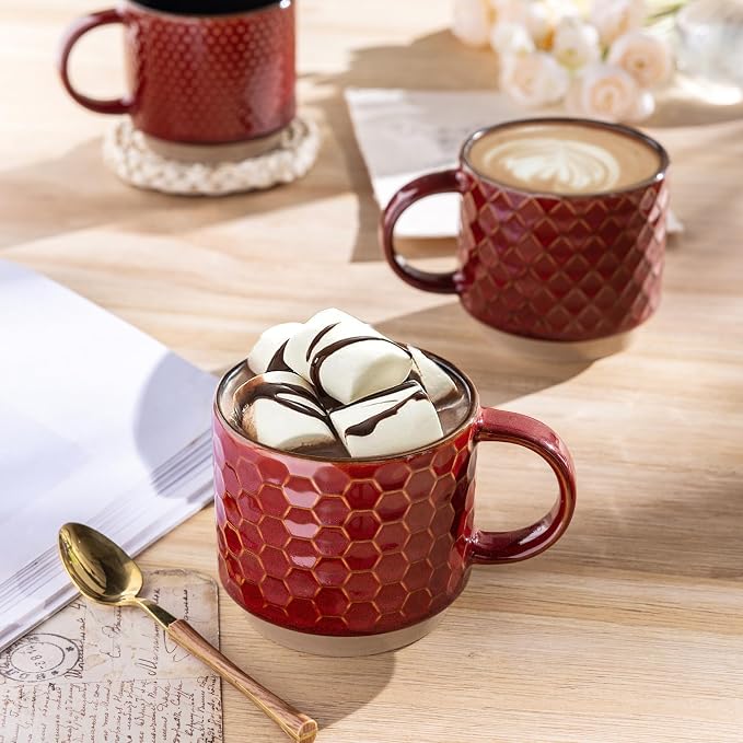 GBhome 15 OZ Stackable Coffee Mugs Set of 4, Ceramic Coffee Cups Set | 4 Assorted Designs, Embossed Mugs with Texture Patterns for Tea/Coffee, Dishwasher&Microwave Safe, Red - Image 3