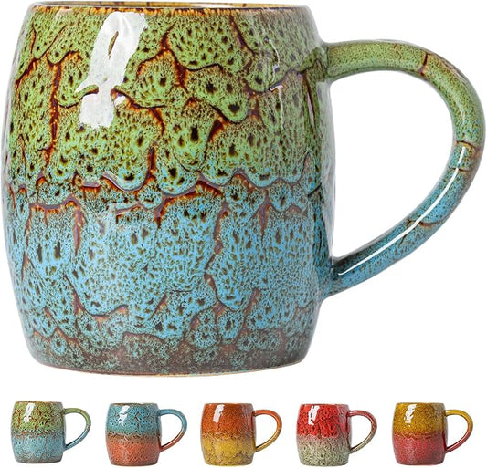 Handmade 22oz Ceramic Coffee Mug, Ergonomic Large Handle, Ideal Gift for Coffee Lovers, Microwave & Dishwasher Safe (Bas-Relief - Green&Blue) by XIYUANJI