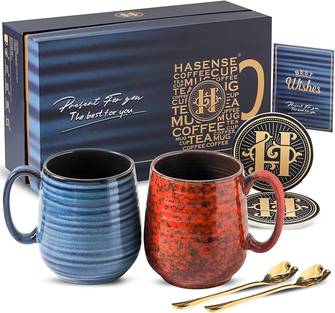HASENSE Ceramic Coffee Mug Set of 2, 20 Oz Tea Cups for Women and Men, Handmade Large Latte Mugs with Handle, Gift Box with Coaster & Gold Spoon, Perfect for Christmas Thanksgiving, Blue & Red by Hasense