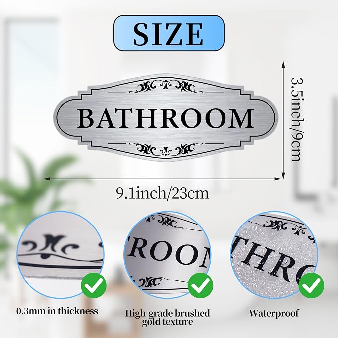 Bathroom Sign Sticker for Business and Home，Self-adhesive Brushed Silver Cute Bathroom Decor for Door，Waterproof Vinyl Restroom Sign for Home，Office，Shop（Silver） - Image 2