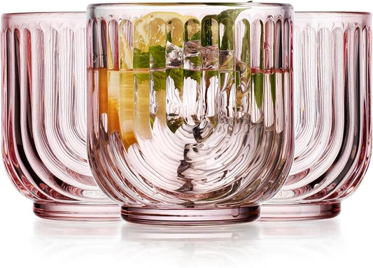 Glaver's Vintage Glassware Art Deco Glasse Ribbed Drinking Glasses U-Shape Arch Design Colored Cocktail Kitchen Tumblers Everyday Dinner Decorative Party HandWash Only (Pink S/4 11oz) by Glavers