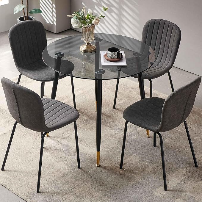 Dining Chairs Set of 4, Modern Mid Century Faux Leather Dining Room Chairs with Black Metal Legs, Comfortable Armless Side Kitchen Chair for Home, Living Room, Bedroom, Restaurant, Dark Grey - Image 5