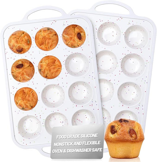 Silicone Muffin Pan with Metal Reinforced Frame - Non-Stick 12 Cups Muffin Pan for Homemade Making Muffin Cakes, Tart, Bread, Oven and Dishwasher Safe - Cream with Rainbow Dots Set of 2