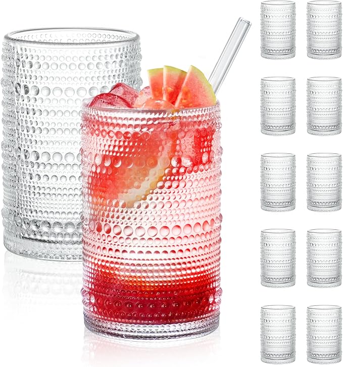 Hobnail Drinking Glasses Set of 12, 15 oz Large Capacity Highball Glasses with Straws Vintage Glasses Drinking Set, Embossed Beaded Glass Cups for Kitchen, Beer, Juice, Cocktail, Whiskey, Milk by FULGNU
