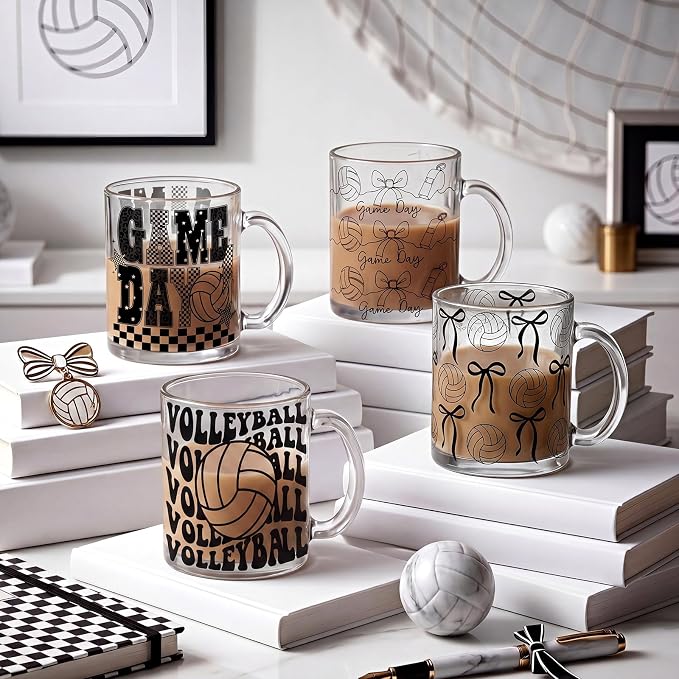 Tioncy 4 Pcs Bow Volleyball Coffee Mugs 12 oz Cute Bowknot Glass Cups with Handle Volleyball Coffee Cup Gifts Birthday Ideas for Coworker Fun Black White Drinking Home Parties - Image 6