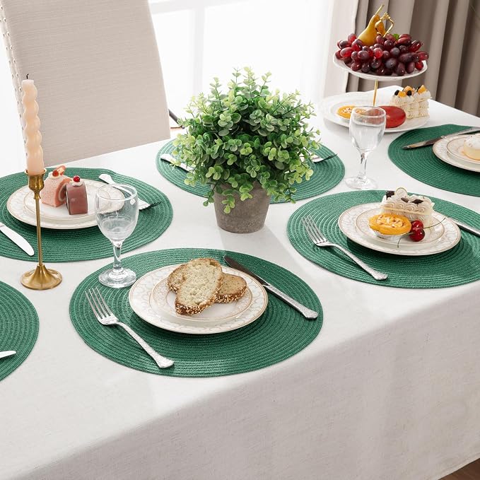 SHACOS Dark Green Round Placemats Set of 6 Cotton Polyester Braided 15 inch Washable Kitchen Dining Table Place Mats Christmas Table Mats for Home Wedding Party Decor - Image 8