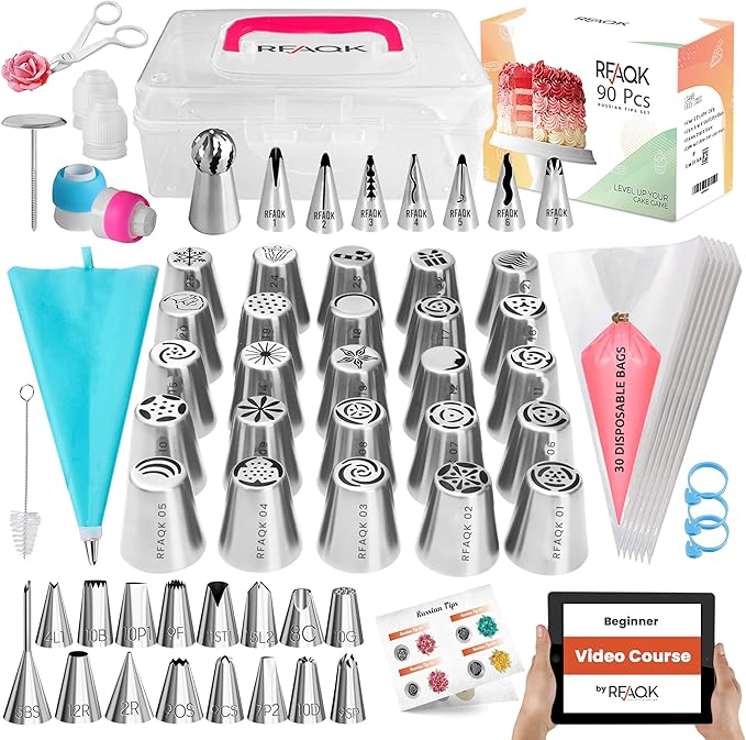 RFAQK 90PCs Flower Making Piping Tips Set, Includes 31 Piping Bags & 49 Tips (25 Russian piping tips, 16 Icing tips,7 Ruffle/Korean, 1 Ball Tip) + Video Course for beginners to Decorate Cake & Cupcake