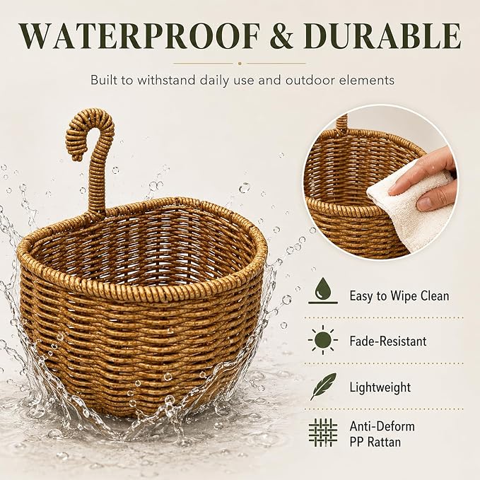 2 Pack Hanging Wall Storage Basket, Woven Rattan Organizer，RATTAN YELLOW | Rustic Hand woven wall organizer with hook for kitchen, bathroom and entryway storage, Space-saving decor for modern homes - Image 4