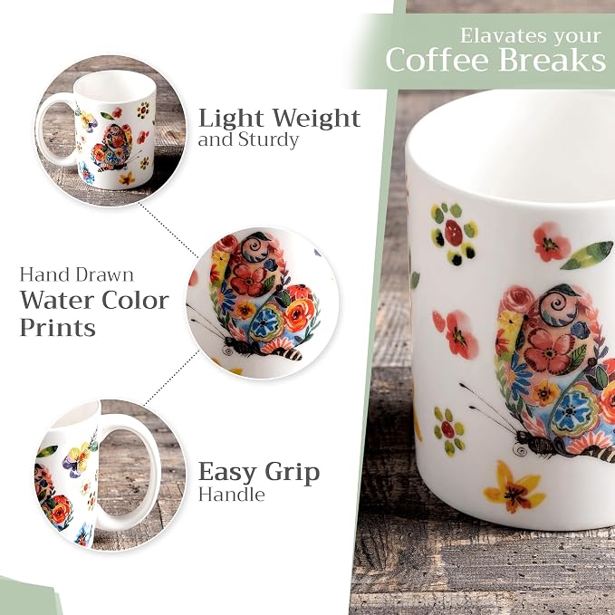 Maison d' Hermine Coffee Mug with Handles Tea Cups (12 Ounce, Pack of 1) | Fine Bone China Coffee Mugs for Hot Beverages Cappuccino Latte Home Spring Summer -Happy Florals - High Summer Butterfliess - Image 5