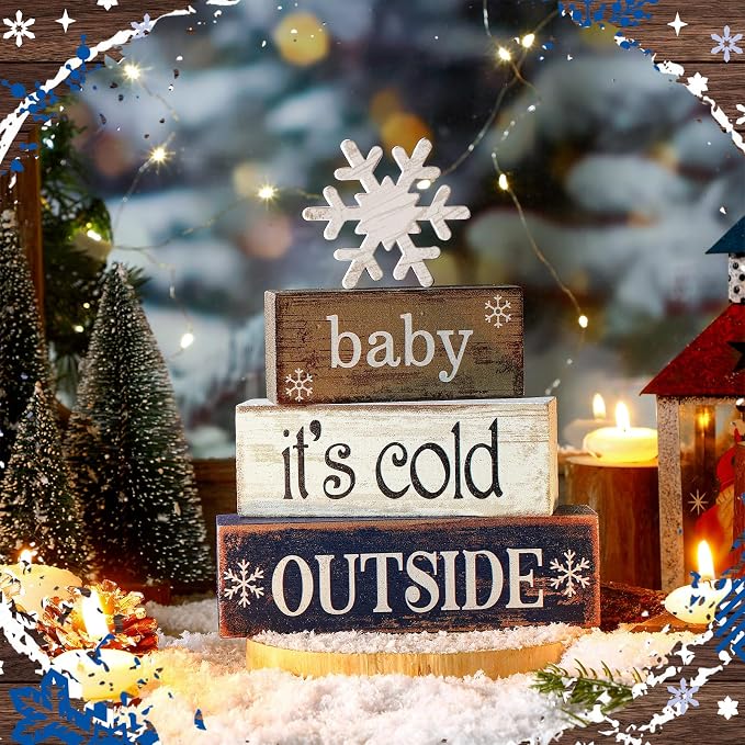Moucuny 4 Pcs Christmas Table Decoration Winter Wooden Stacked Block, Baby It's Cold Outside Signs with Snowflake Topper, Rustic Christmas Tiered Tray Decor Snowflake Decor for Home Office Shelf - Image 6