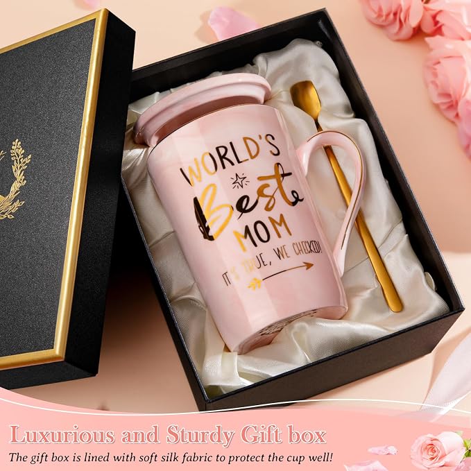 Mothers Day Birthday Gifts for Mom from Daughter Son - 14Oz Funny Best Mom Mug with Gold Print, Unique Pink Marble Coffee Cup with Lid Spoon Greeting Card, Happy Moms Gifts Idea, Luxury Gift Boxed Set - Image 5