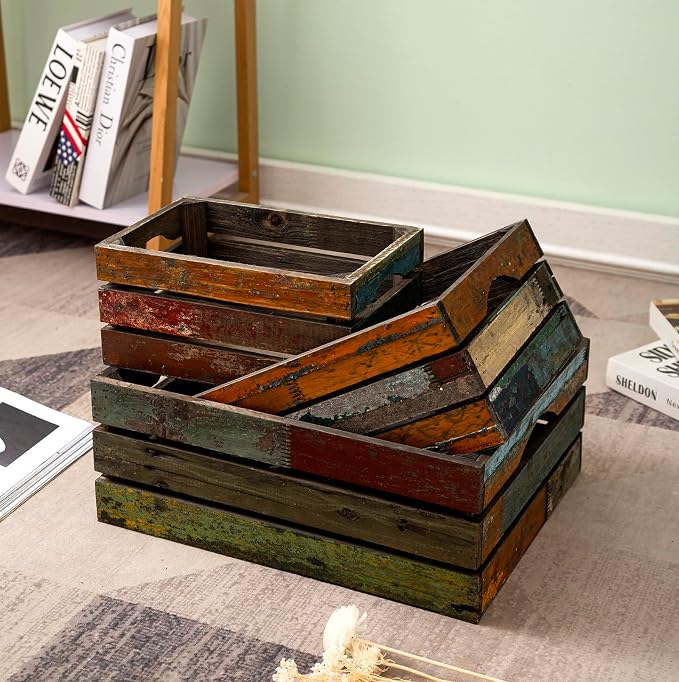 TIMRIS Set of 3 Rustic Distressed Wood Nesting Crates, Farmhouse Decorative Wooden Storage Boxes, Large Vintage Reclaimed Wood Baskets for Display (Random) - Image 8