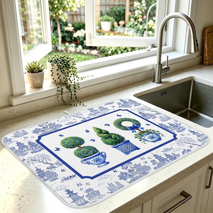 Chinese Blue White Dish Drying Mat for Kitchen Counter Coffee Bar 18x24 in | Chinese Aesthetic Non Slip Absorbent Kitchen Dishes Drainer Mat, with Anti-slip Rubber Backing & Hanging Loop, for Sink by HiWelcometoMCIAONE